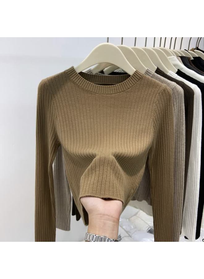 Yuzhaolin Crew Neck Knit Base Shirt Women's Spring Autumn Winter New Ribbed Top Versatile Shoulder Sweater - Image 1