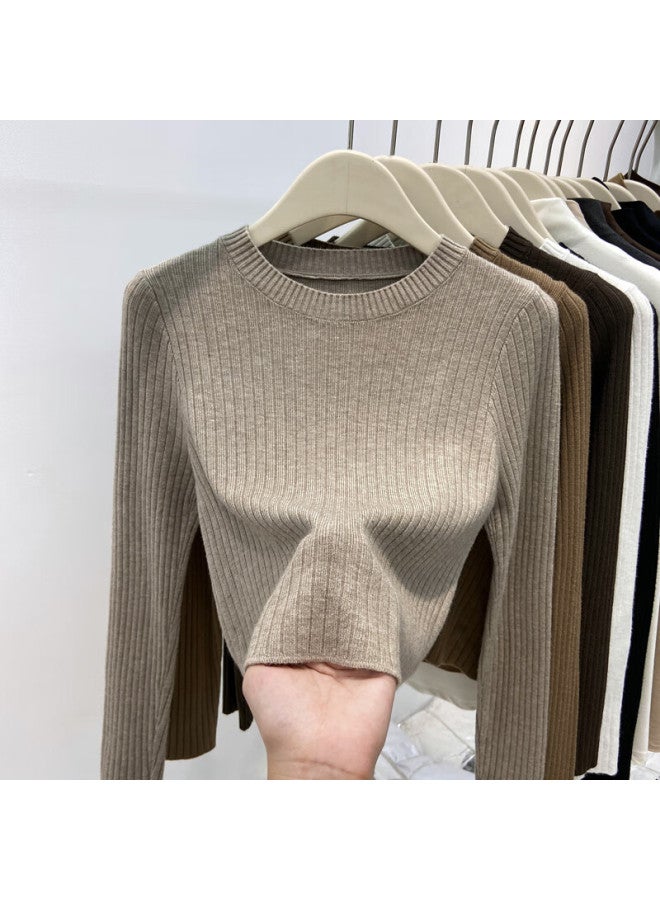 Yuzhaolin Crew Neck Knit Base Shirt Women's Spring Autumn Winter New Ribbed Top Versatile Shoulder Sweater - Image 2