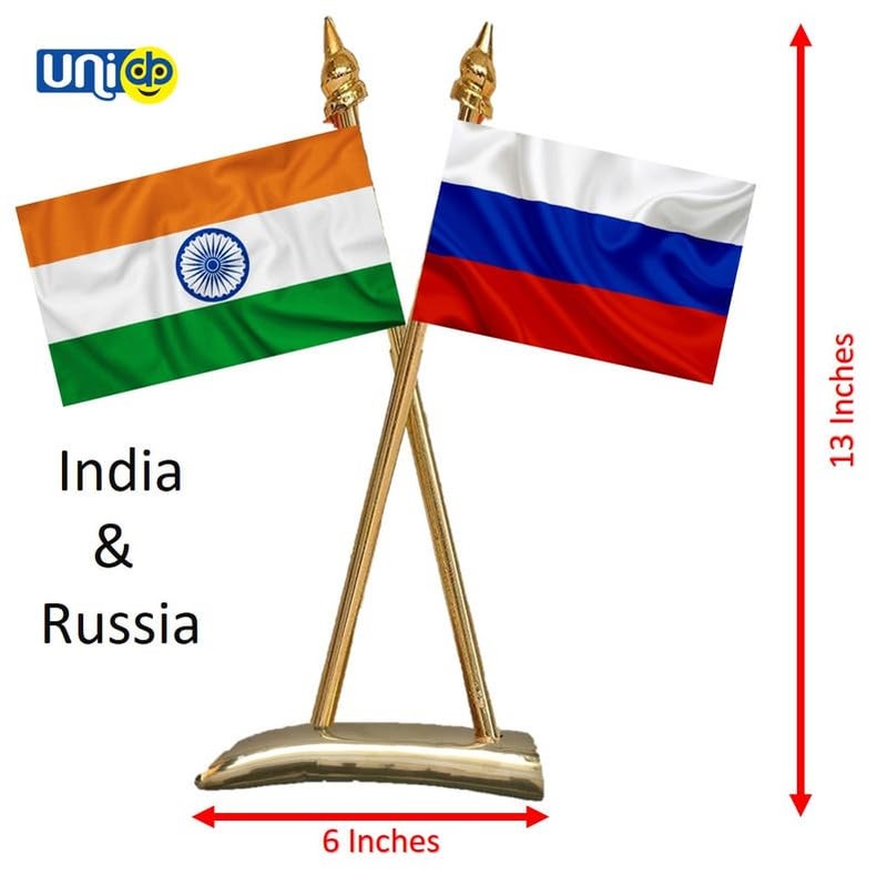 Uniq RUSSIA & INDIA Flags - Shining & Bright Cotton Cloth with Criss-Cross Classy Brass Base Table Stand - Image 2