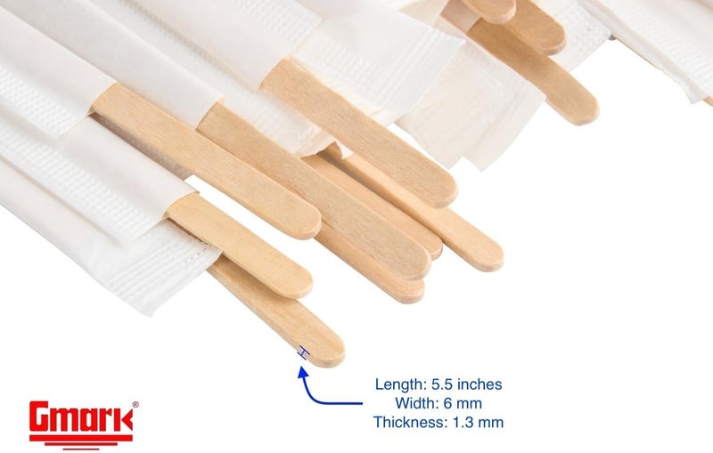 Gmark Individually Wrapped 5.5" Coffee Stir Sticks (length 140mm, width 6mm, thick 1.3mm) - 500pc Round End, Eco Friendly Coffee Stirrers for Hot Drinks - Natural Birch GM1014A - Image 2