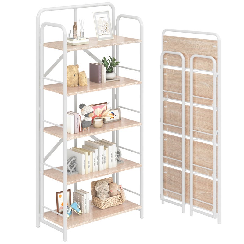 4NM No Assembly Folding Bookshelf 5 Tier Vintage Industrial Book ShelfMetal Foldable Storage Bookcase and Bookshelves for Living RoomBedroom and Kitchen  Natural