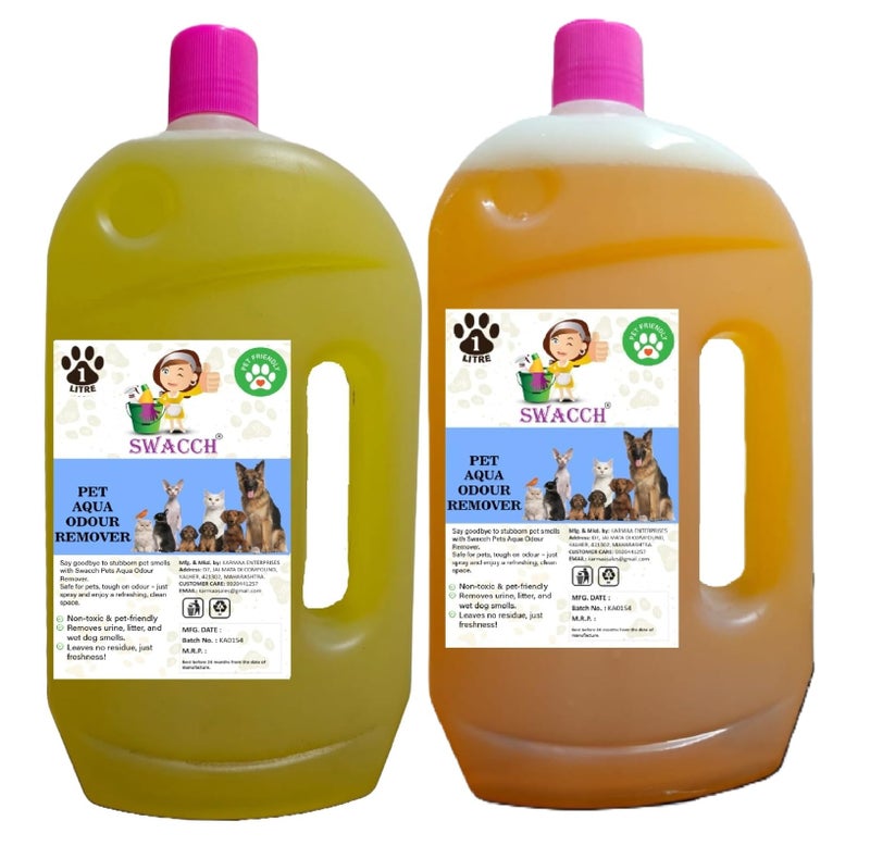 swacch Pet Aqua Odour Remover Liquid I Pet Safe Deodorizer for Home & Pet Areas I 1 Litre Combo Pack of 2 Lemon & Orange - Image 1