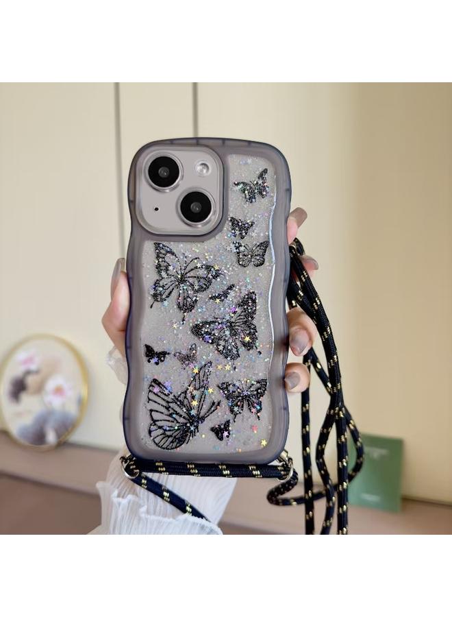 جراب هاتف iPhone 13 Crossbody Wave Edge Butterfly TPU (أسود)