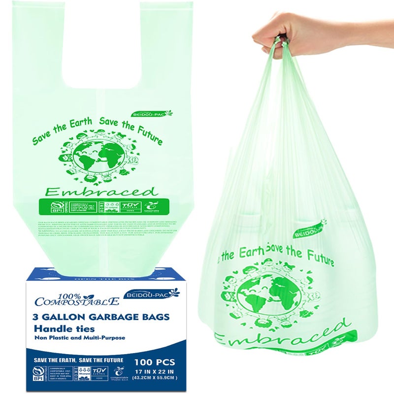 BEIDOU-PAC BEIDOUPAC 100 Compostable Trash Bags 3 Gallon Compost Bags Small Kitchen Trash Bags with Handle 100 Count Sturdy Biodegradable Garbage Bags Food Scrap Waste Bags ASTM D6400 US BPI Certified - Image 3