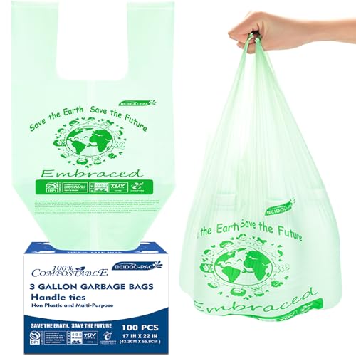 BEIDOU-PAC BEIDOUPAC 100 Compostable Trash Bags 3 Gallon Compost Bags Small Kitchen Trash Bags with Handle 100 Count Sturdy Biodegradable Garbage Bags Food Scrap Waste Bags ASTM D6400 US BPI Certified - Image 2
