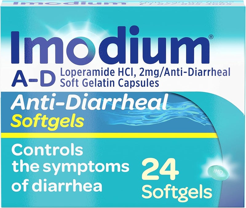 IMODIUM A-D Fast-Acting Anti-Diarrheal Softgels, Loperamide HCl 2 mg, Travel Essential Diarrhea Relief Medicine for Adults, 24 Count, Anti Diarrhea Pills, Ages 12+, Easy to Swallow - Image 1