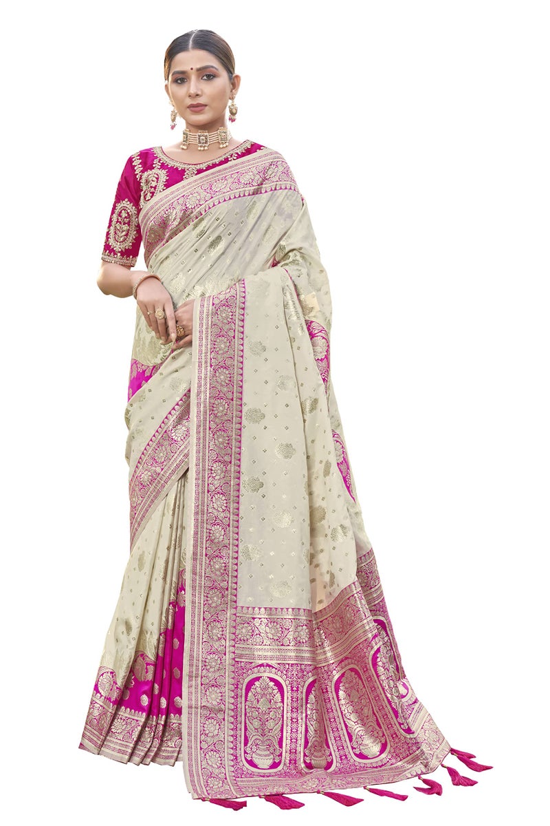 MANOHARI Most Trendy Banarasi Silk Woven Pattern Jacquard Saree For Women With Blouse Piece_Mn1713-1, Off White - Image 1