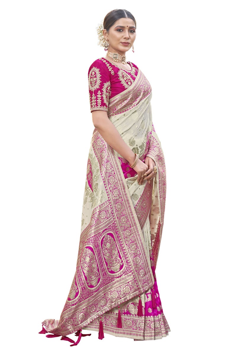 MANOHARI Most Trendy Banarasi Silk Woven Pattern Jacquard Saree For Women With Blouse Piece_Mn1713-1, Off White - Image 4