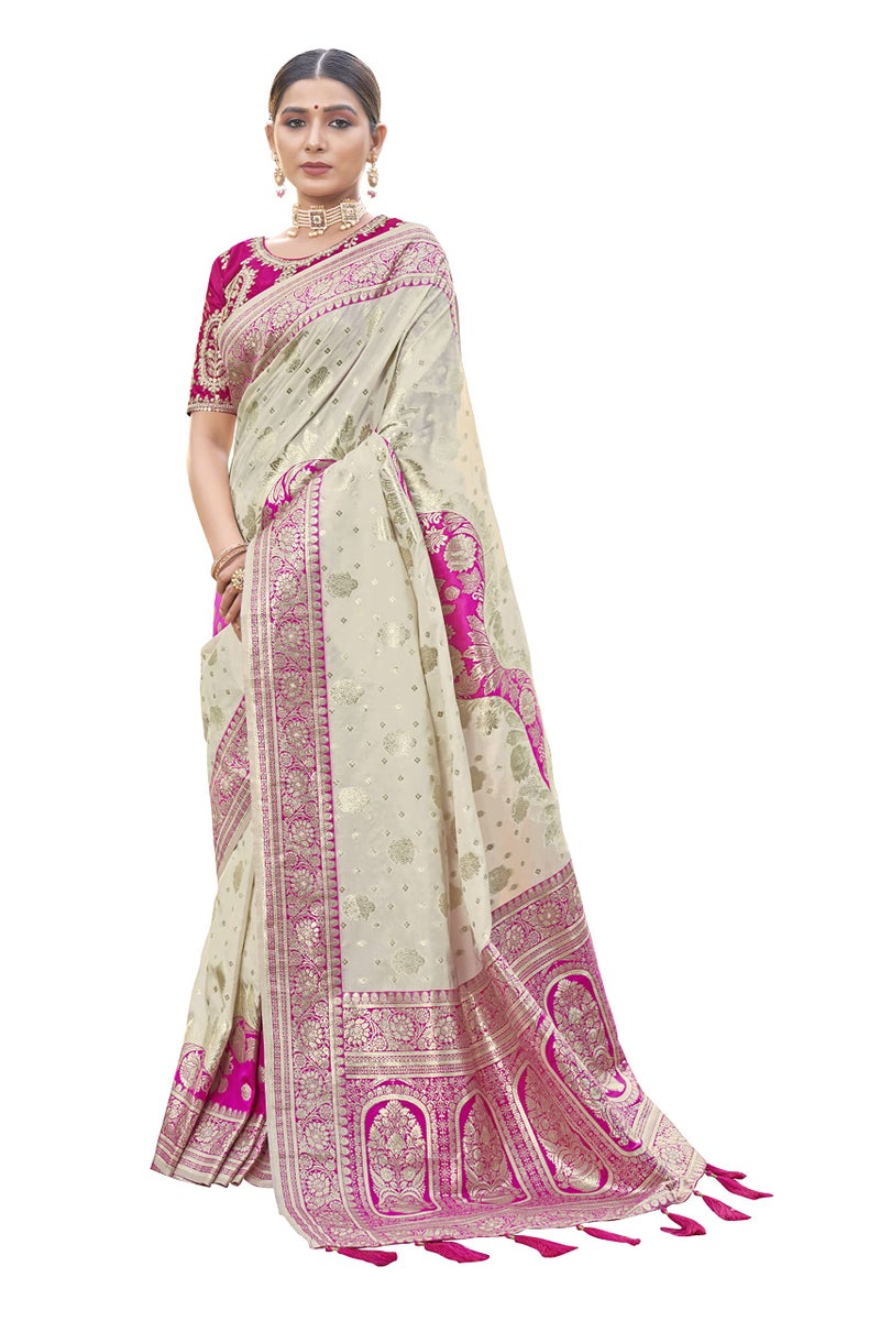 MANOHARI Most Trendy Banarasi Silk Woven Pattern Jacquard Saree For Women With Blouse Piece_Mn1713-1, Off White - Image 2