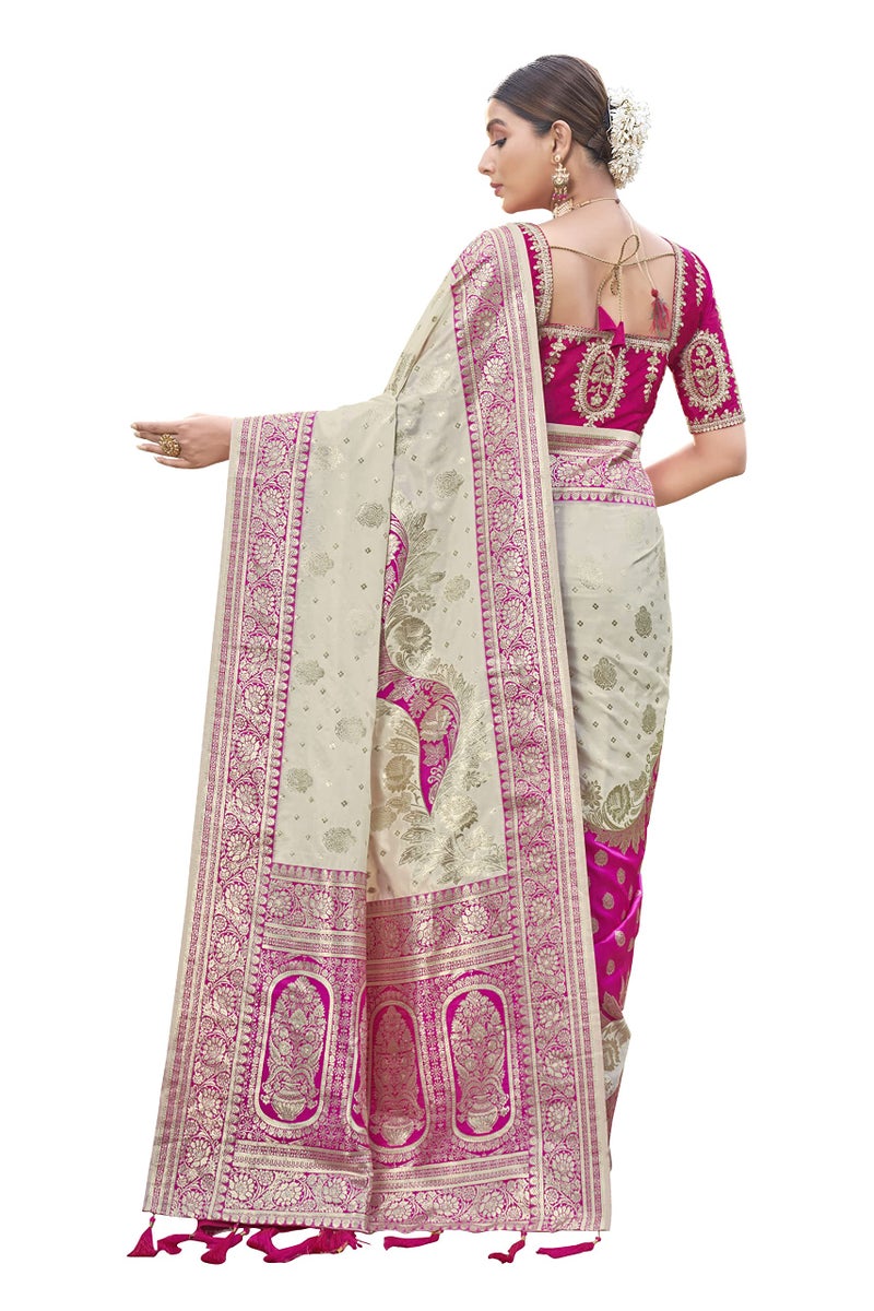 MANOHARI Most Trendy Banarasi Silk Woven Pattern Jacquard Saree For Women With Blouse Piece_Mn1713-1, Off White - Image 3