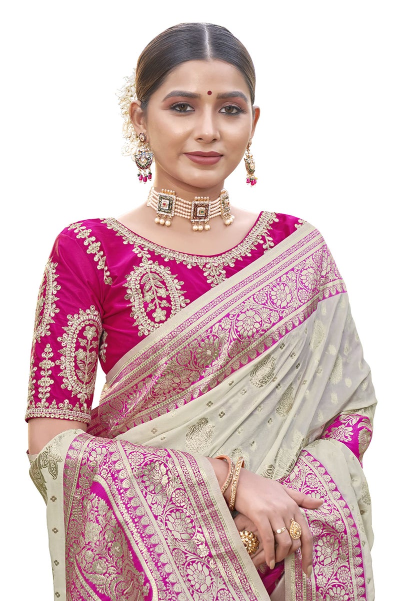 MANOHARI Most Trendy Banarasi Silk Woven Pattern Jacquard Saree For Women With Blouse Piece_Mn1713-1, Off White - Image 5