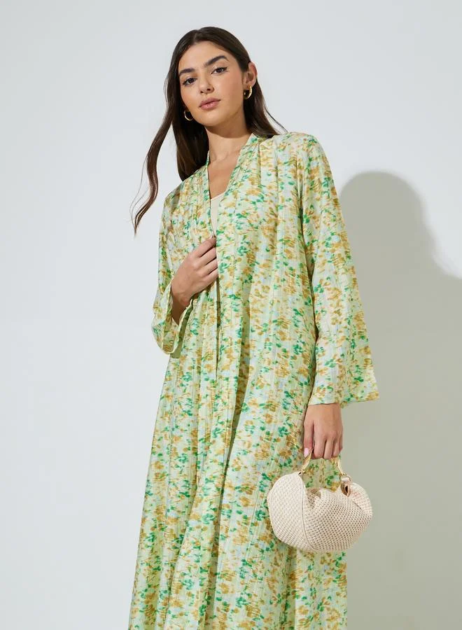 Amirah  Multi-Color All Over Print Open Front Abaya and Wide Leg Trousers Set for Women | Best Price UAE