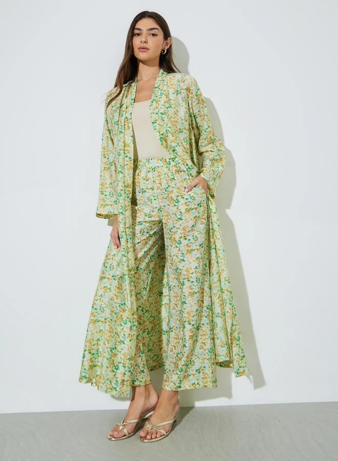 Multi-Color All Over Print Open Front Abaya and Wide Leg Trousers Set