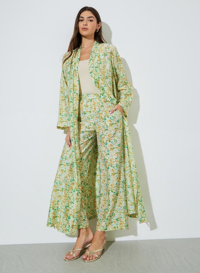 Amirah Multi-Color All Over Print Open Front Abaya and Wide Leg Trousers Set - Image 1