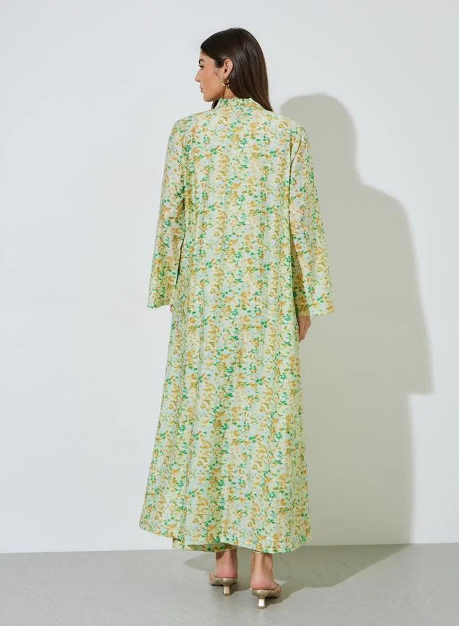Amirah  Multi-Color All Over Print Open Front Abaya and Wide Leg Trousers Set for Women | Best Price UAE
