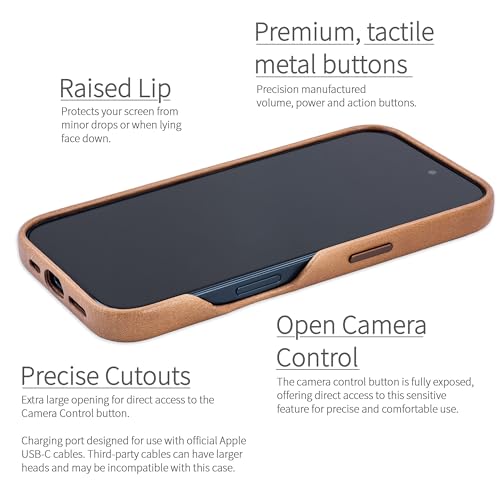 Dockem Genuine Leather Case V2 for iPhone 16 with Full Camera Control Cutout, Compatible with MagSafe (MSGL, Light Brown) - Image 3