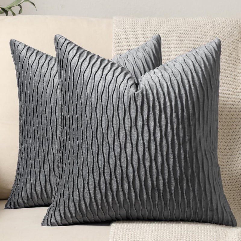 DEZENE Grey Striped Decorative Pillow Cases 2 Pack 20x20 Inch Original Velvet Square Throw Pillow Covers for Farmhouse Couch