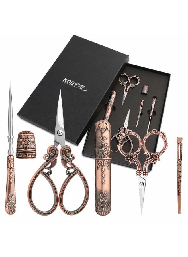 Kogyxe Embroidery Kits Include 2 Pairs Vintage Scissors, Sewing Needle Case, Thimble, Threader, European Style Complete Sewing Kit for Embroidery, Needlework (Red Copper) - Image 1
