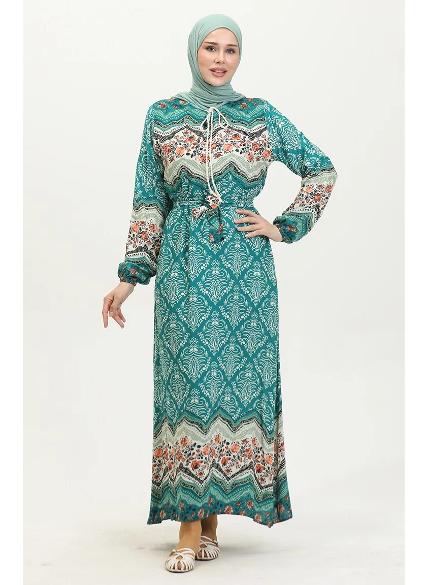 Sefa Merve Color Garnished Viscose Dress 0418-04 Petrol