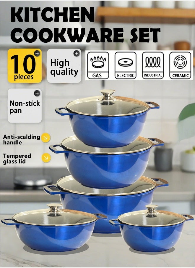 X spring 10-piece Granite Non-stick Cookware Set, 100% PFOA/PFO Free, 24/26/28/30cm Deep Stockpot + 28cm Shallow Stockpot, Scald-proof Handle and Tempered Glass Lid, Multi-person Cooking Kitchenware (Blue)  - Image 1