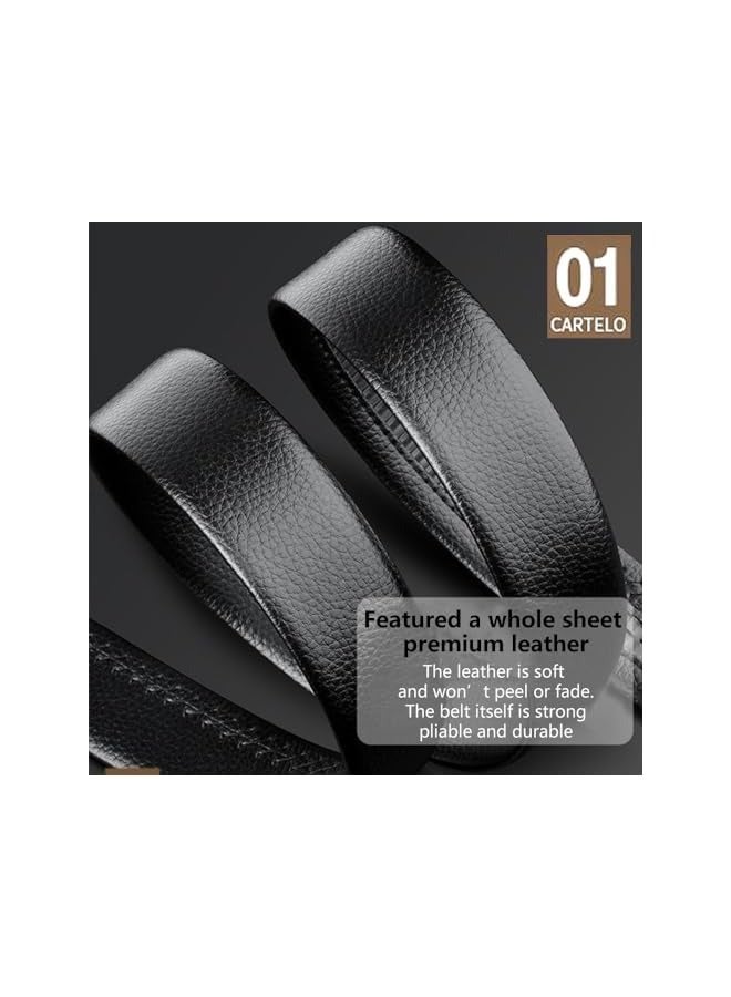 PROMASS Men's Leather Belt with Automatic Sliding Opening and Closing Buckle, Adjustable to Suit Your Own Length, Black (120CM)  - Image 2