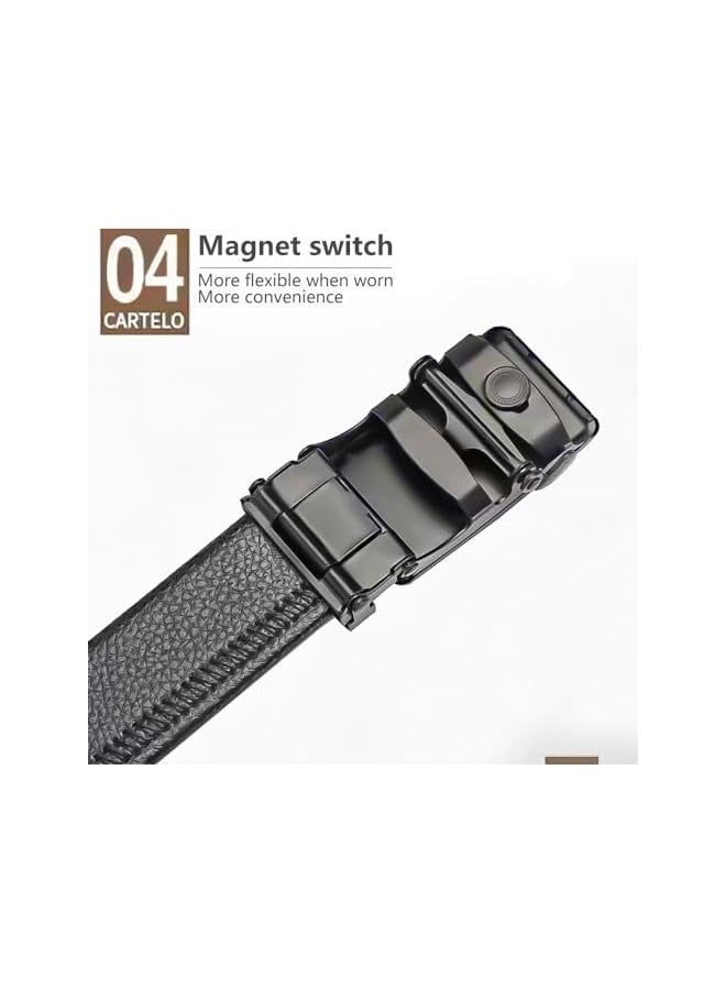 PROMASS Men's Leather Belt with Automatic Sliding Opening and Closing Buckle, Adjustable to Suit Your Own Length, Black (120CM)  - Image 5