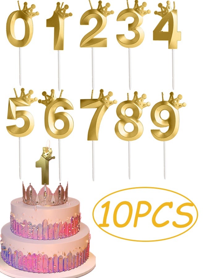 10 Pcs 3D Stereoscopic Design Crown Birthday Candles Metallic Long Lasting Burn Gold Number Candles with Holders Glittery 0 to 9 Numeral Candles for Birthday Wedding Anniversary Party Decorations Adds Luxurious Sparkle - Image 1