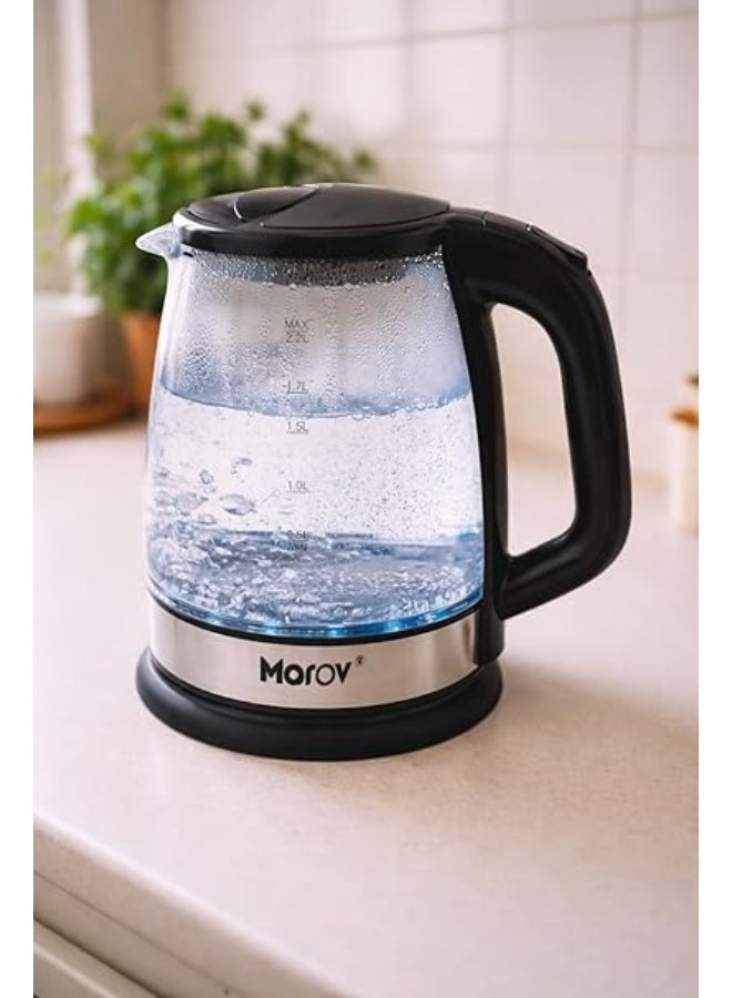 موروفان غلاية مياه كهربائية زجاج مضيء من Morov بقوة 1500 وات - سعة ضخمة 2.2 لتر مع إضاءة LED زرقاء - غلاية زجاجية صحية مقاومة للحرارة مع خاصية الفصل التلقائي وتصميم عصري فخم. (اسود) - Image 2