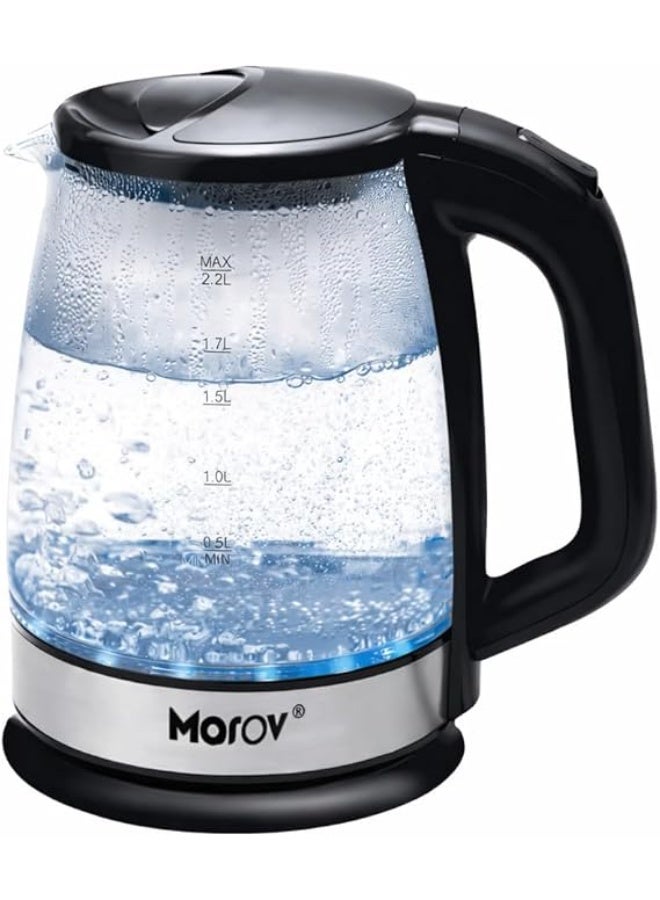 موروفان غلاية مياه كهربائية زجاج مضيء من Morov بقوة 1500 وات - سعة ضخمة 2.2 لتر مع إضاءة LED زرقاء - غلاية زجاجية صحية مقاومة للحرارة مع خاصية الفصل التلقائي وتصميم عصري فخم. (اسود) - Image 1