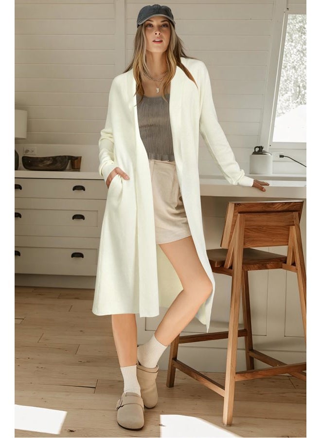 OUGES Women's Wool Blend Long Cardigan Sweater Oversized Open Front Knit Coat 2025 Trendy Fall Outfits with Pockets, Apricot, L - Image 5