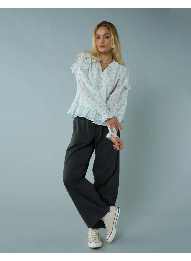 American Eagle AE Long-Sleeve Ruffle Peasant Blouse - Image 1