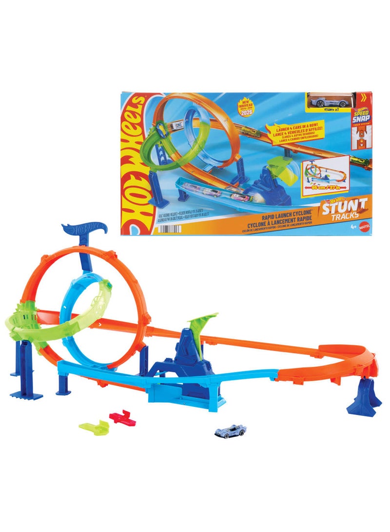 Hot Wheels Toy Wheels Toy Car Track Set, Stunt Tracks Rapid Cyclone Playset with 1:64 Scale Die-Cast Vehicle, 2 Loops & 2 Crash Zones, Speed Snap Track - Image 1