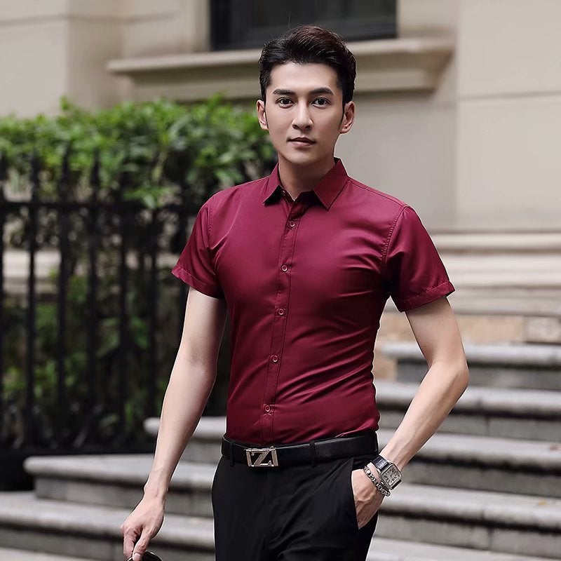 Factory direct mens shirt short sleeve business slim work clothes business dress dress short sleeve solid color mens shirt Burgundy  - Image 1