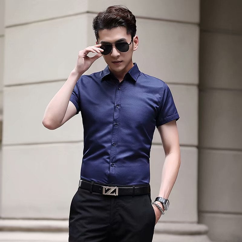 Factory direct mens shirt short sleeve business slim work clothes business dress dress short sleeve solid color mens shirt Burgundy  - Image 3