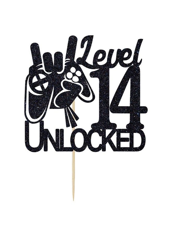 Video Game Level 14 Unlocked Birthday Cake Topper Black Glitter Boys 14Th Birthday Cake Decorations Level Up Winner Party Decoration Supplies  - Image 3