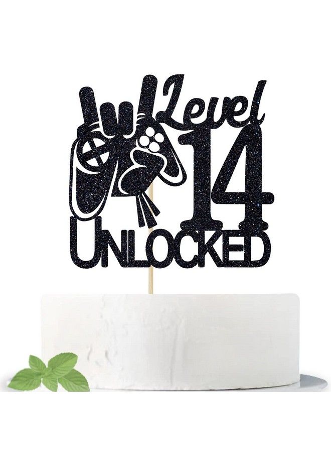 Video Game Level 14 Unlocked Birthday Cake Topper Black Glitter Boys 14Th Birthday Cake Decorations Level Up Winner Party Decoration Supplies  - Image 2