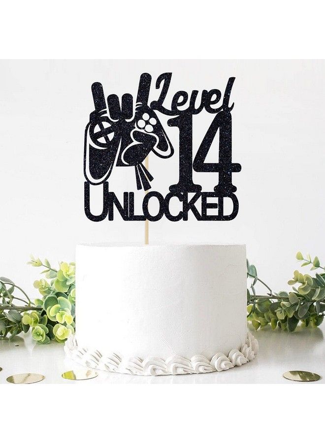 Video Game Level 14 Unlocked Birthday Cake Topper Black Glitter Boys 14Th Birthday Cake Decorations Level Up Winner Party Decoration Supplies  - Image 4