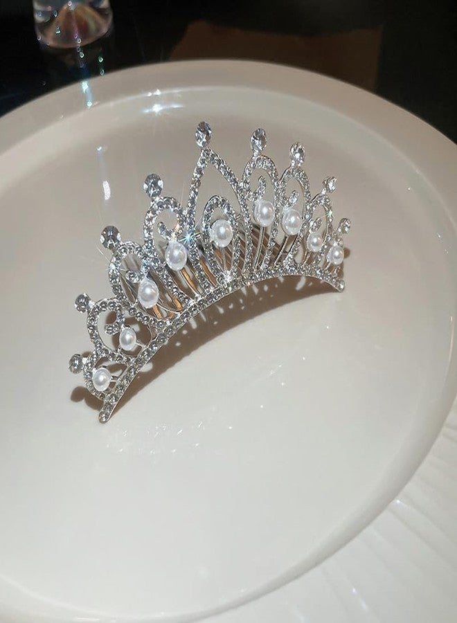 Chargances Princess Tiara Crystal Crown Headband Mini Silver Pearl Rhinestone Crown with Combs Elegant Bridal Wedding Headbands Prom Birthday Party Hair Accessories for Women(Style 3) - Image 3