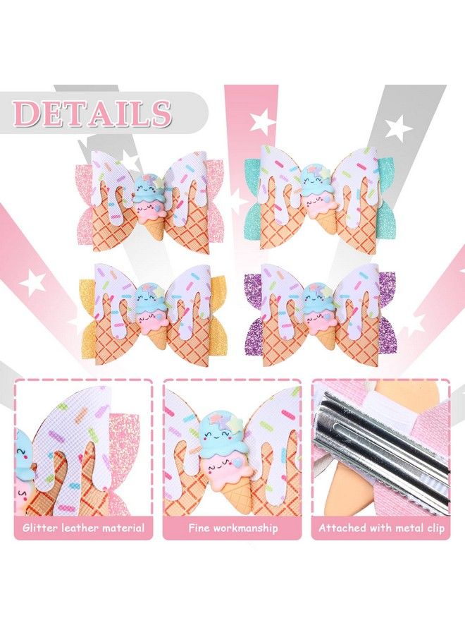 Whaline Ice Cream Glitter Bow Hair Clips 4Pcs Summer Hair Bow Barrette Colorful Pu Leather Hairgrips Sparkly Alligator Hair Clips For Girls Women Hair Accessories Birthday Party Ball Supplies - Image 4