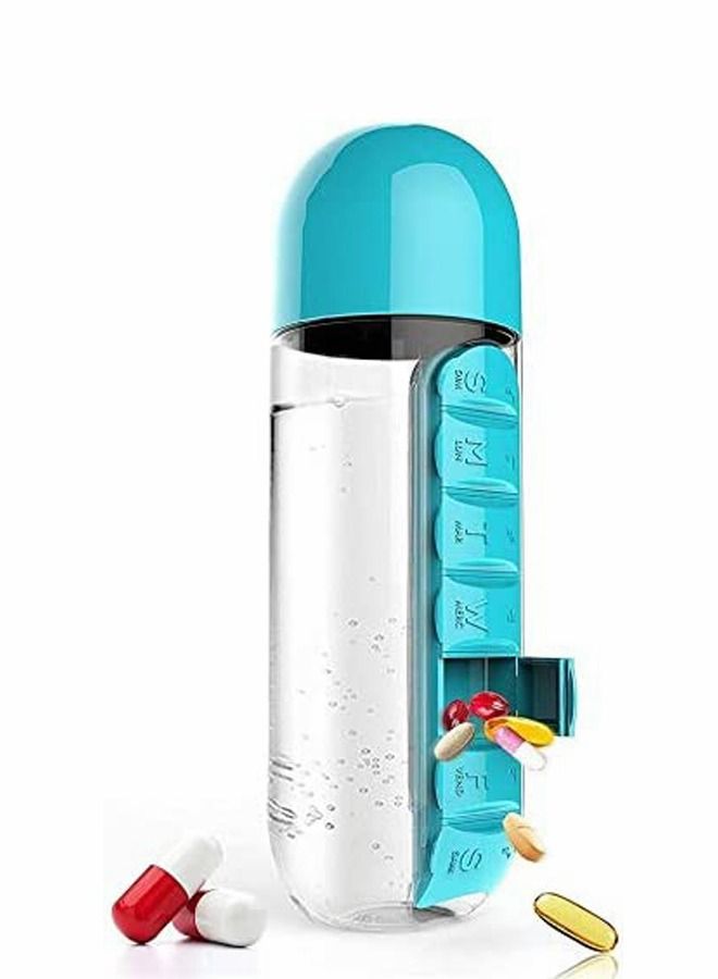 SYOSI Pill Box 2 IN 1 Sport Water Bottle Travel Bottle 600ml Large Capacity with Built-in Daily Pill Box Organizer for Camping Hiking Cycling-7 day pill box organiser - Image 1