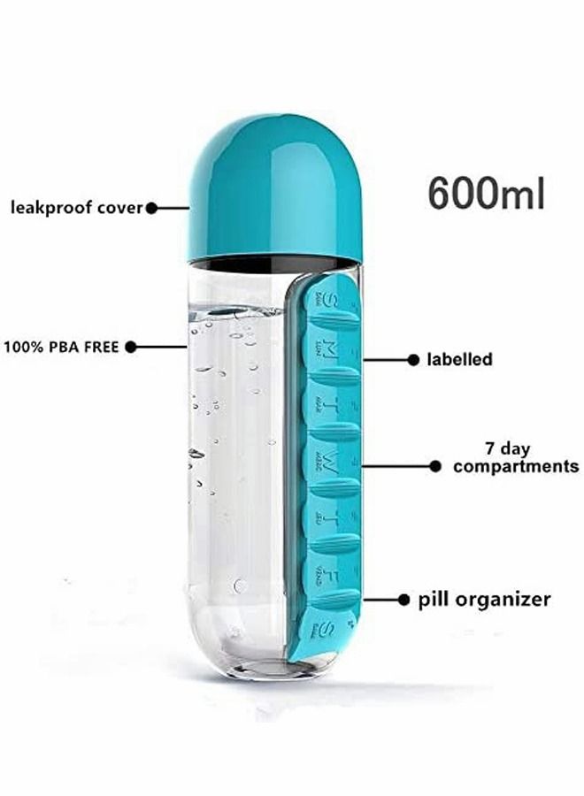 SYOSI Pill Box 2 IN 1 Sport Water Bottle Travel Bottle 600ml Large Capacity with Built-in Daily Pill Box Organizer for Camping Hiking Cycling-7 day pill box organiser - Image 2
