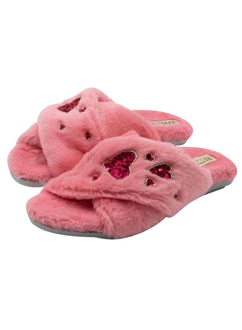 RETTROSE RETTROSE Kaylee Pink Women’s Luxury Slippers – Plush Faux Fur Handmade Slippers with Diamanté Heart Embellishment