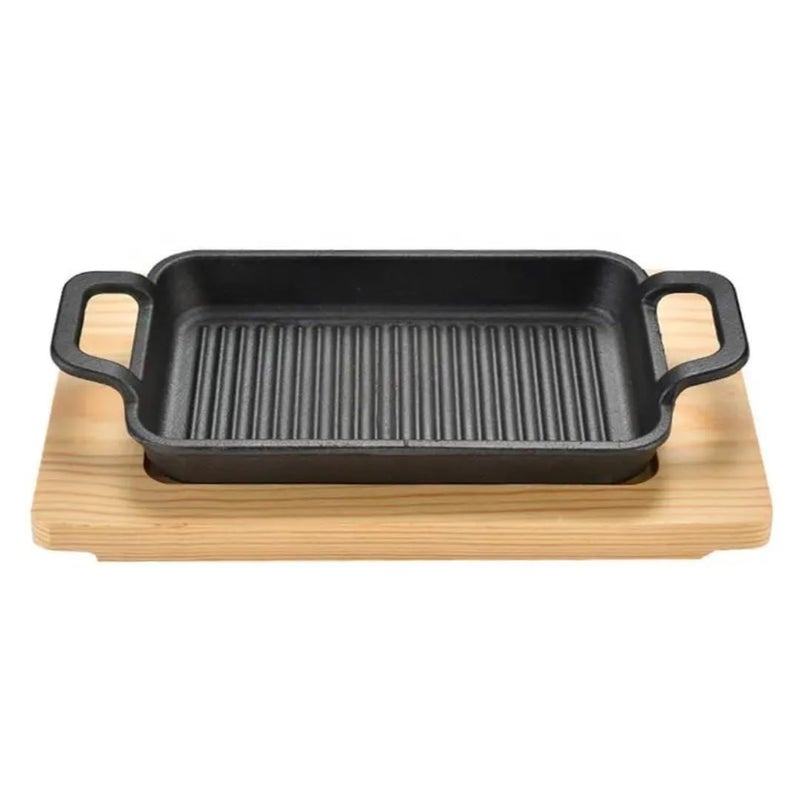 Fajita Skillet Striped Rectangle Cast Iron With Two Handle Grill Pan (23.5 * 13.5cm)