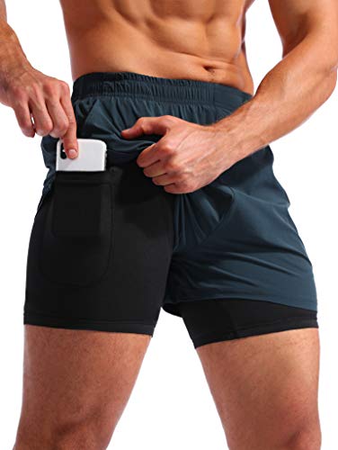 Pudolla Men’s 2 in 1 Running Shorts 5" Quick Dry Gym Athletic Workout Shorts for Men with Phone Pockets(Navy Blue Large) - Image 1