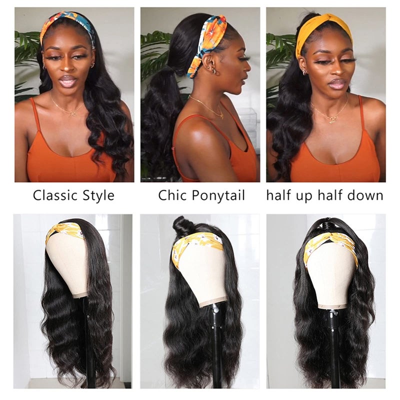 catti Headband Wig Human Hair Body Wave Headband Wigs for Black Women Brazilian Virgin Hair Non Lace Front Wigs Human Hair Headband Wig Wear and Go Guleless Half Wigs Natural Color (12 Inch) - Image 2