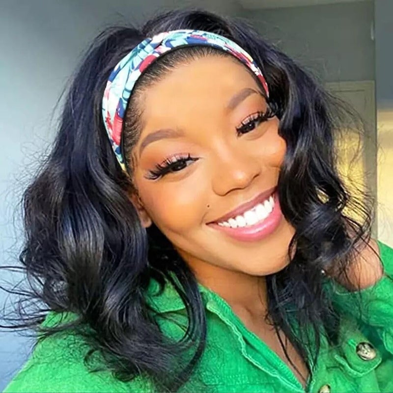 catti Headband Wig Human Hair Body Wave Headband Wigs for Black Women Brazilian Virgin Hair Non Lace Front Wigs Human Hair Headband Wig Wear and Go Guleless Half Wigs Natural Color (12 Inch) - Image 1