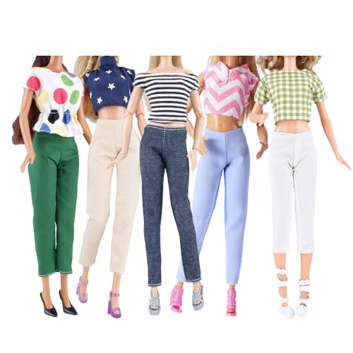 E-TING Lot 10 Items = 5 Sets Doll Clothes Casual Wear Outfit Tops + Pants with 5 Pair Shoes Accessories for 11.5 Inch Doll (Style B) - Image 1