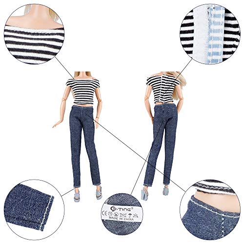 E-TING Lot 10 Items = 5 Sets Doll Clothes Casual Wear Outfit Tops + Pants with 5 Pair Shoes Accessories for 11.5 Inch Doll (Style B) - Image 4