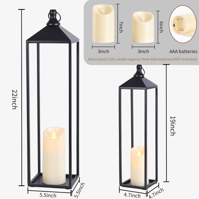 MATAHUM 22'' 19'' Large Lanterns Decorative Outdoor Indoor, Set of 2 Black Metal Candle Lanterns Modern Farmhouse Floor Lanterns Decorative for Home Decor, Mantle, Fireplace, Patio, Porch, Garden - Image 2