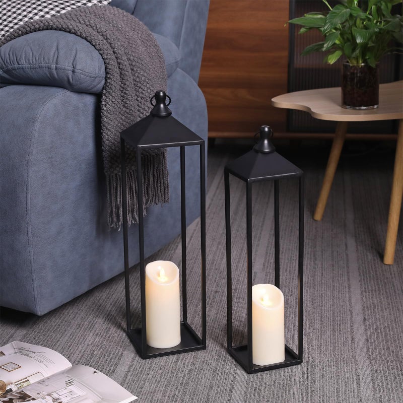 MATAHUM 22'' 19'' Large Lanterns Decorative Outdoor Indoor, Set of 2 Black Metal Candle Lanterns Modern Farmhouse Floor Lanterns Decorative for Home Decor, Mantle, Fireplace, Patio, Porch, Garden - Image 4